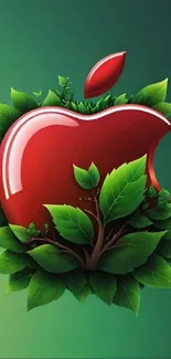 Vibrant red apple with green leaves on mobile wallpaper.