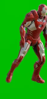 Futuristic red armored figure on a green background.