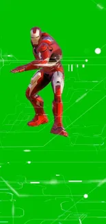 Red-armored hero on vibrant green tech-themed background.