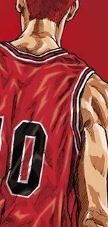 Anime art of a basketball player in a red jersey.