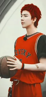 Anime character in red basketball jersey holding a ball.