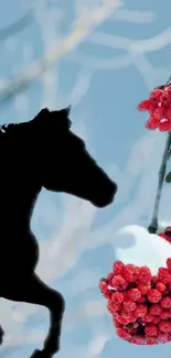 Horse silhouette and red berries on blue background wallpaper.