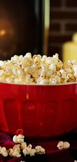 A vibrant red bowl filled with popcorn, set as cozy mobile wallpaper.