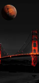 Red-lit bridge under a mysterious planet-filled night sky.