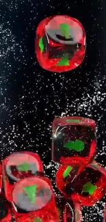 Red and green translucent cubes with bubbles on a dark background wallpaper.