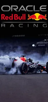 Sleek Red Bull Racing car drifting on track in night lighting.