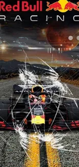 Red Bull Racing car on a road under a starry sky mobile wallpaper.