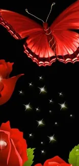 Red butterfly and roses against a starry night background.