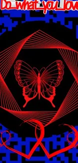 Red butterfly in hexagon on blue background wallpaper.