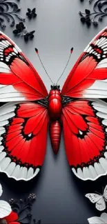 Red and white butterfly wallpaper with elegant black accents.