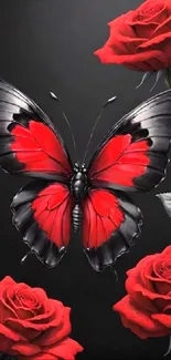 Red butterfly with roses on a dark background mobile wallpaper.