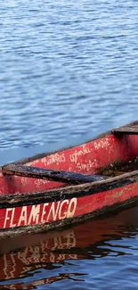 Red canoe against clear blue water reflecting scenic tranquility.