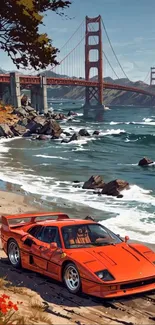 Red sports car by Golden Gate Bridge on a sunny beach.