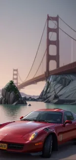 Red car by the Golden Gate Bridge during sunset.