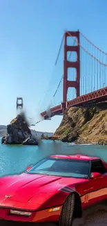 Red sports car by Golden Gate Bridge under blue sky.