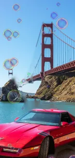 Red car with bubbles by Golden Gate Bridge in vibrant scenery.