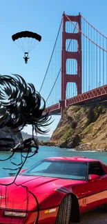 Red car near Golden Gate Bridge with parachutist in sky.