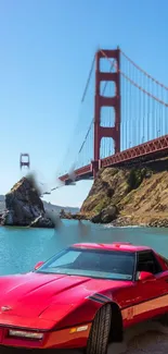 Red car in front of the Golden Gate Bridge, scenic view.