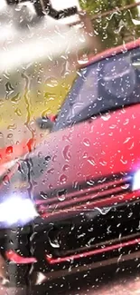 Dynamic red sports car driving through rain, mobile wallpaper.