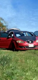 Red car parked in green landscape with open doors.