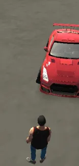 Red car in a video game world with character scene.