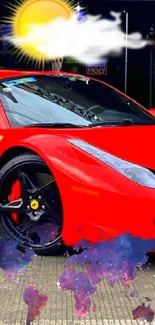 Vibrant red sports car with graffiti backdrop.