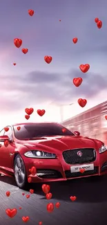 Red sports car with floating heart icons in vibrant wallpaper.