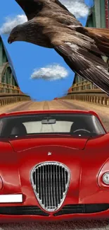 Red car on road with eagle flying overhead.