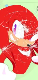 Red cartoon character with shattered glass effect on wallpaper.