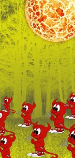 Cartoon red devils in yellow forest with fiery sun background.