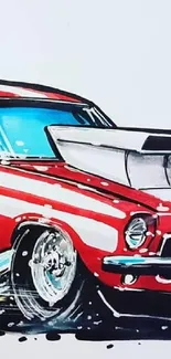 Cartoon illustration of a vibrant red muscle car in motion.