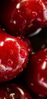 Mobile wallpaper featuring red cherries with water droplets.