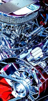 Vibrant red and chrome engine wallpaper for car enthusiasts.