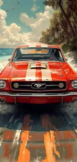 Red classic car driving along a tropical beach road with waves and palm trees.