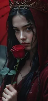 Woman in red cloak with rose wallpaper