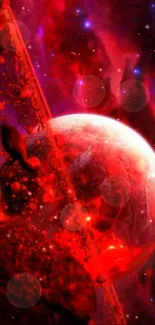 Vibrant red cosmic planet wallpaper with celestial elements in space scene.