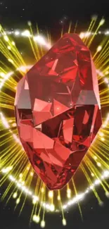 Red crystal wallpaper with yellow rays and abstract glow.