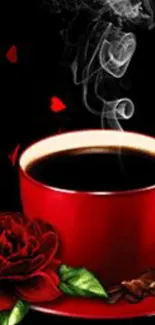 Steaming red coffee cup with rose and beans on dark background.