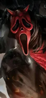 Haunting red demon mask with dark background.