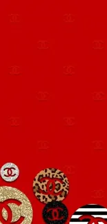 Elegant red wallpaper with designer logos.