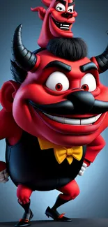 Mischievous red cartoon devil with a big grin on a dark background.