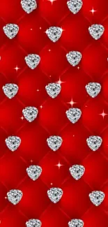 Red wallpaper with diamond heart pattern.