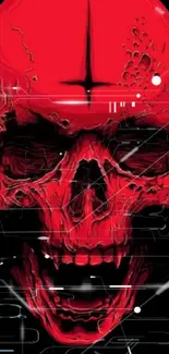 Bold red digital skull on dark background wallpaper.