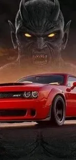 Red Dodge Demon car with fiery backdrop and dark figure, mobile wallpaper.