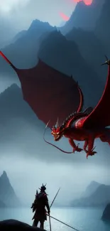 Red dragon soaring over misty mountains with a warrior below.