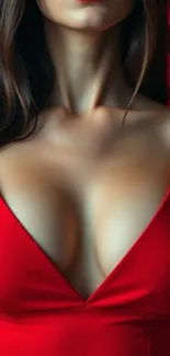 Close-up of a woman in a red dress displaying elegance.