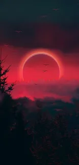 A dark, mystical red eclipse scene with silhouetted trees and dramatic clouds.