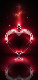 Electrifying heart-shaped gem with vivid red lightning on a dark background.