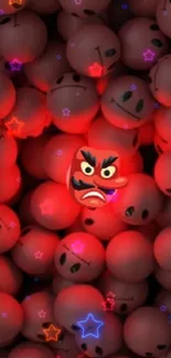 Close-up of red emoticons with varied expressions on a dark background.