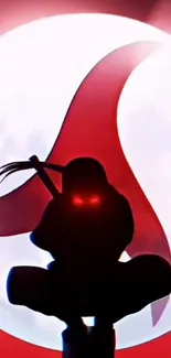 Silhouette of a ninja with red eyes beside a glowing moon.